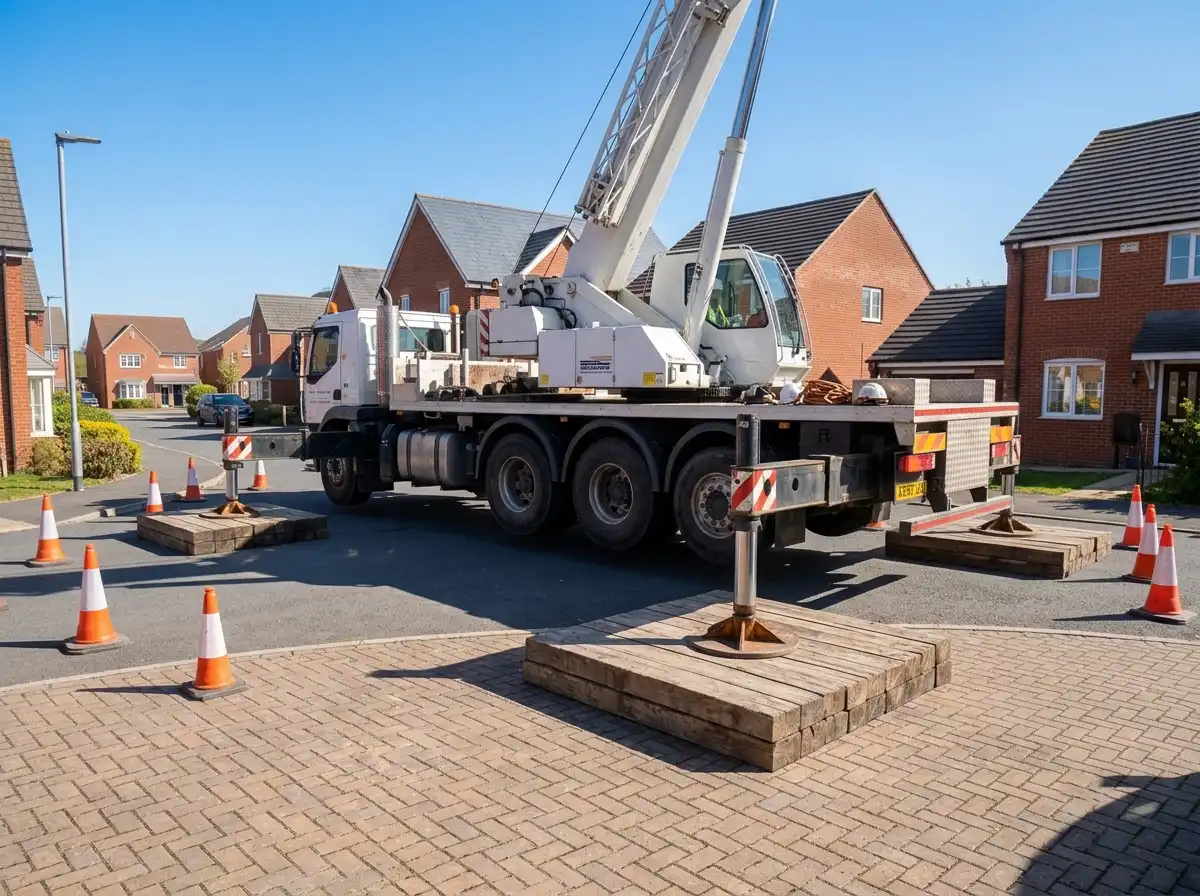 Outriggers cribbed across a block driveway