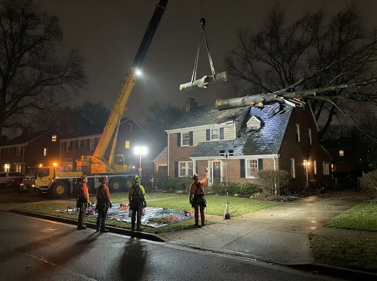 Storm-felled trunk lifted off a roof