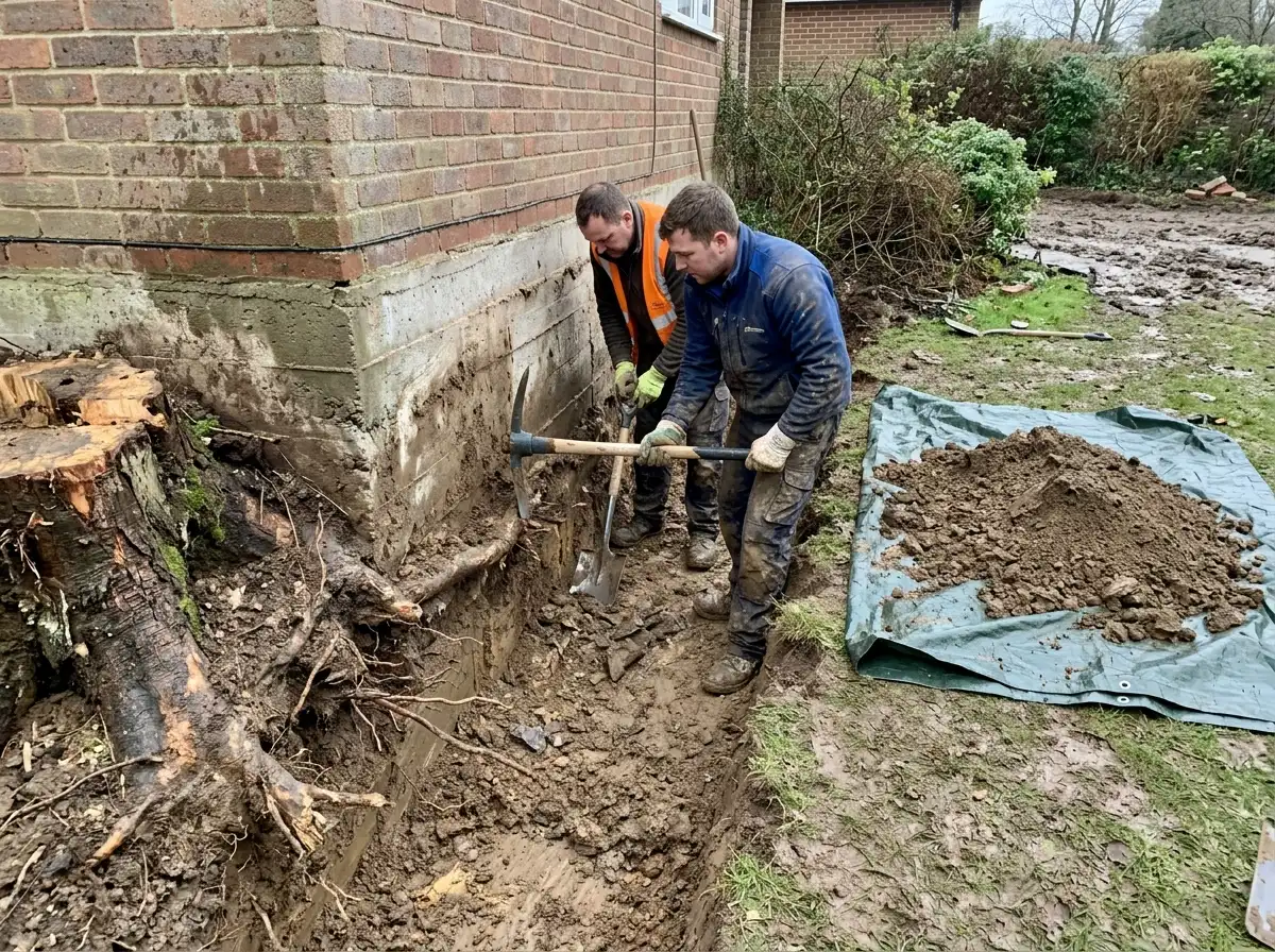 Shovel work beside a house foundation