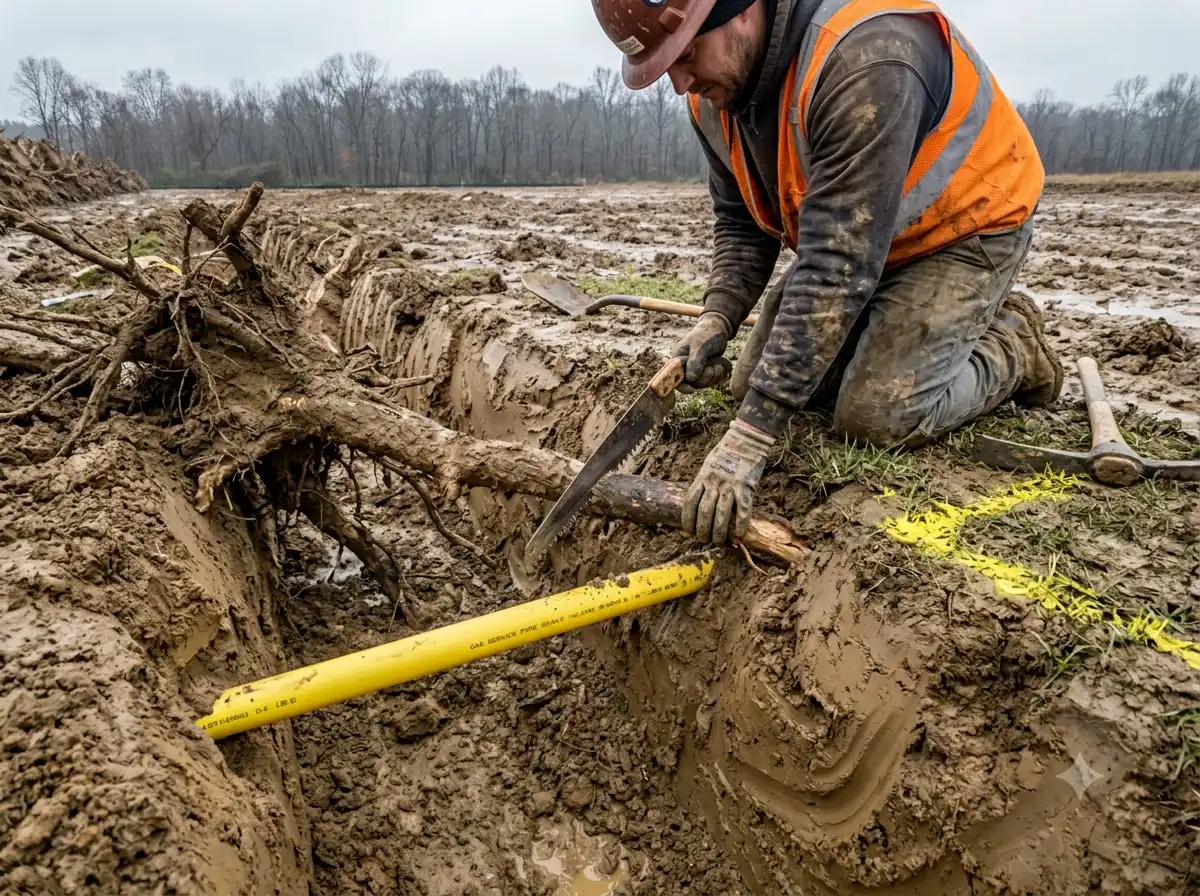 Open lot cleared of eleven root plates