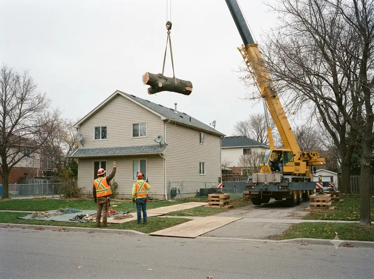 Crane-assisted takedown in a tight backyard