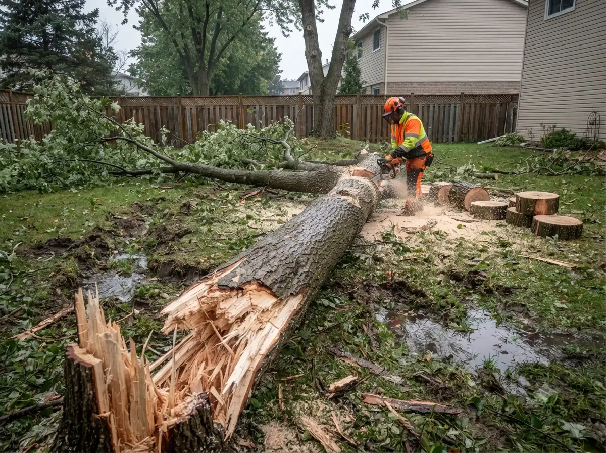 Storm-split trunk cleared and hauled